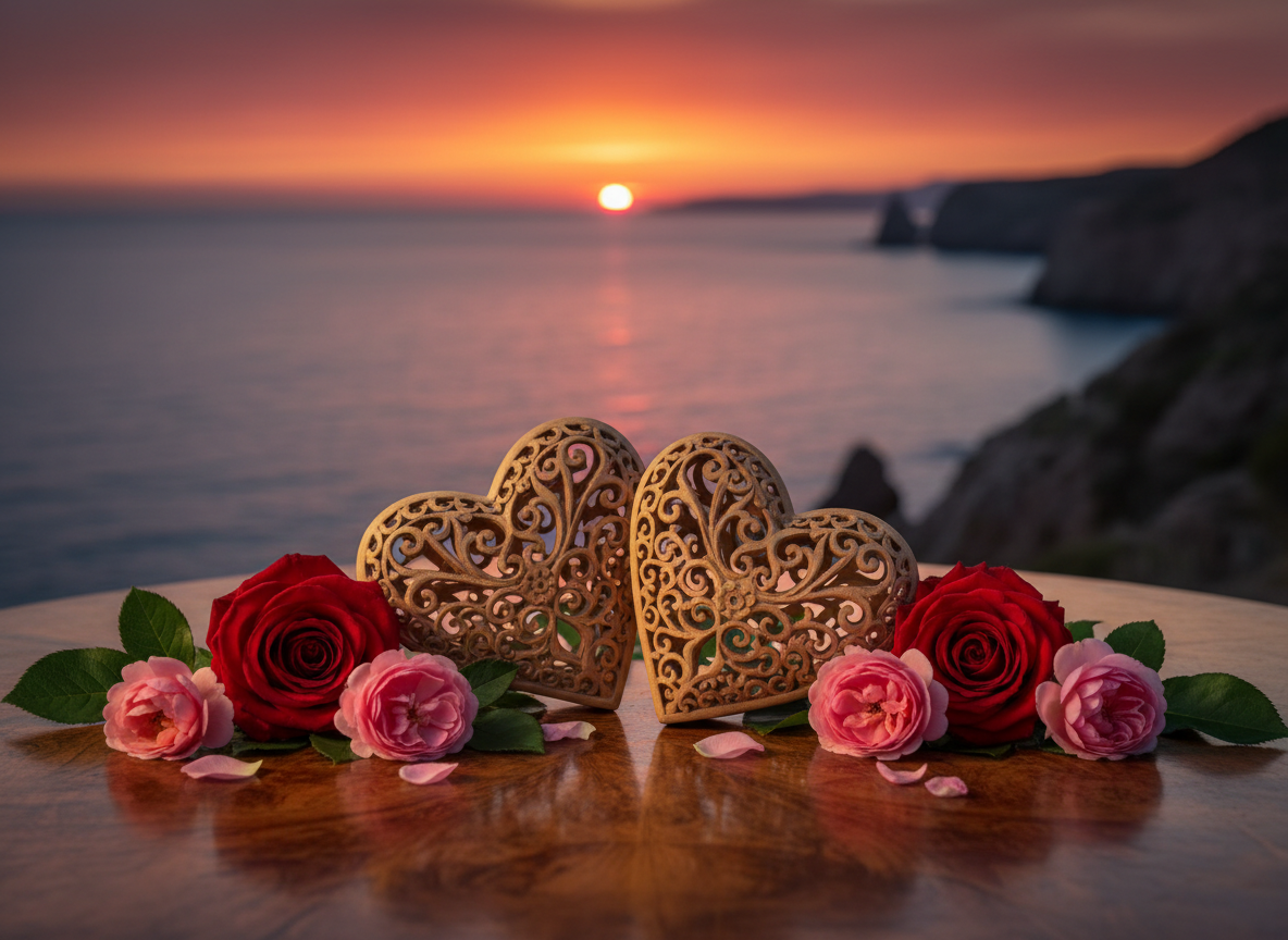 Two wooden hearts and red roses at sunset