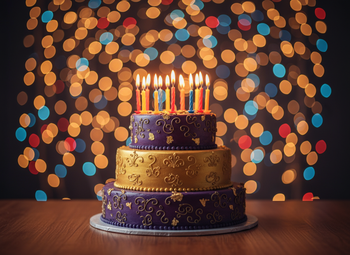 A birthday cake with lit candles and warm party lights