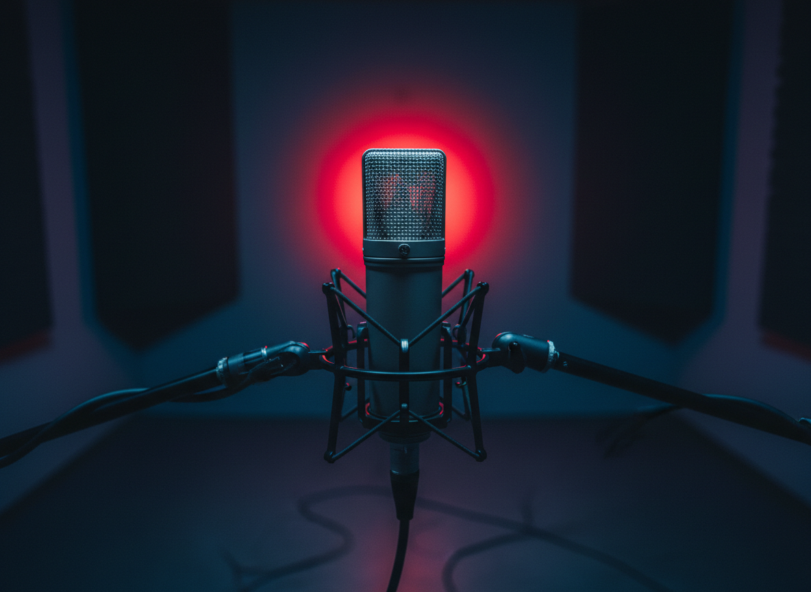 A studio microphone in a dark recording studio