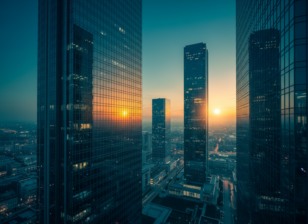 Glass office buildings at dusk