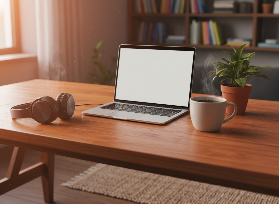 A cosy desk with headphones, a mug and a laptop