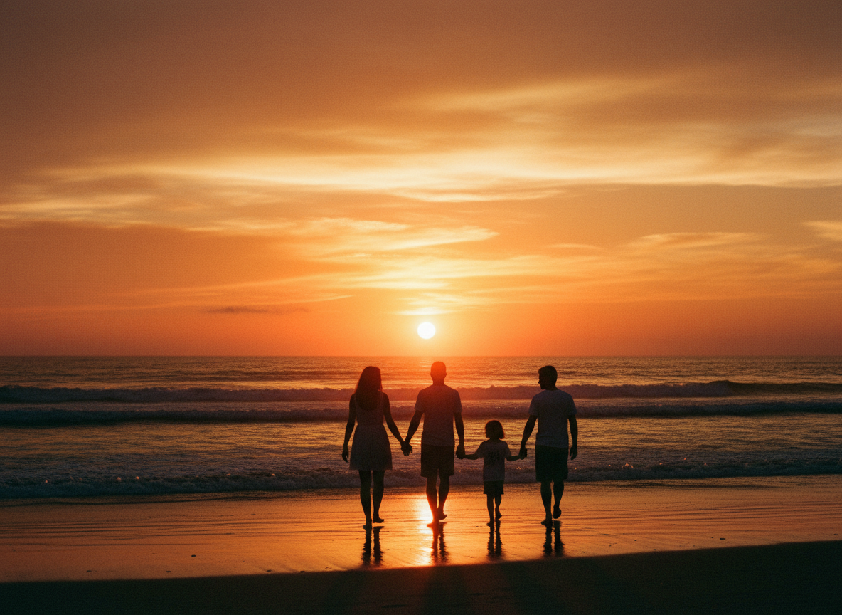 A family silhouetted holding hands on a beach at sunset