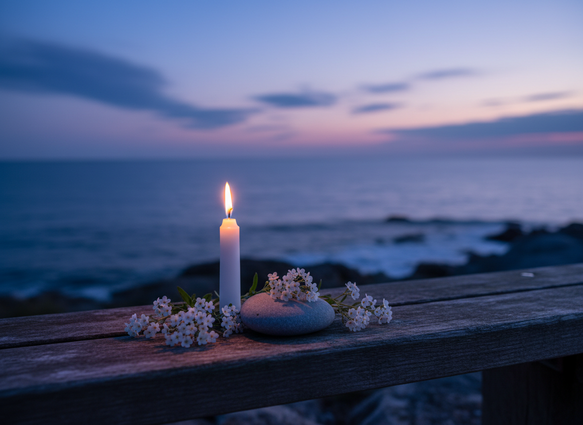 A lit candle and a stone heart with white flowers at dusk