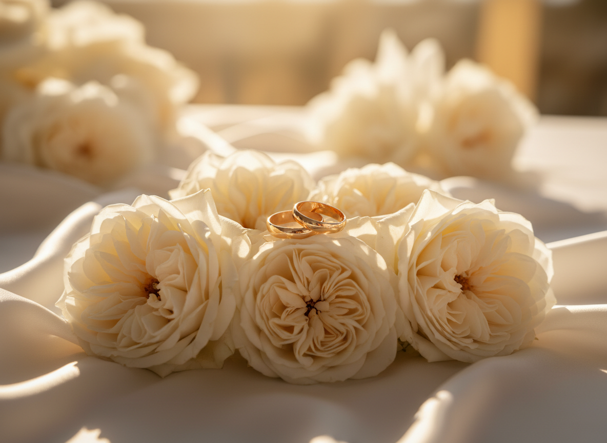 Two gold wedding rings on cream roses